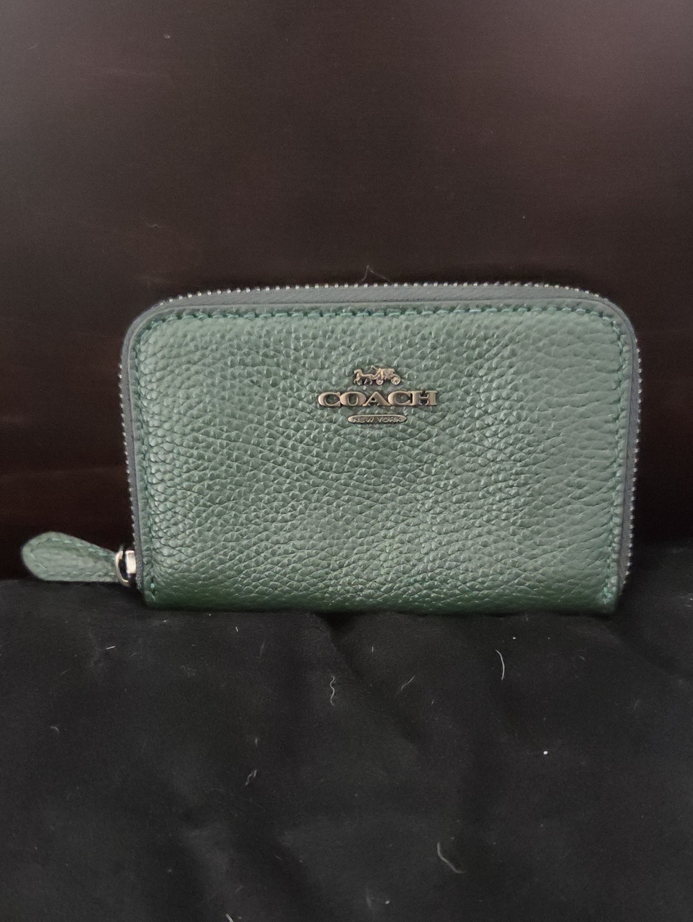 Coach Zip Around Coin Case Forest Green Pebble Leather Card Wallet